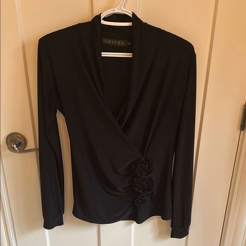 Lavena Black Faux Wrap Top with Rosettes & Long Sleeves, size S